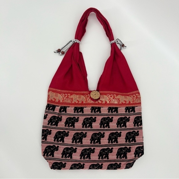 Artisan Ethnic Elephant Print Canvas Boho Shoulder Bag in Red - Picture 2 of 8